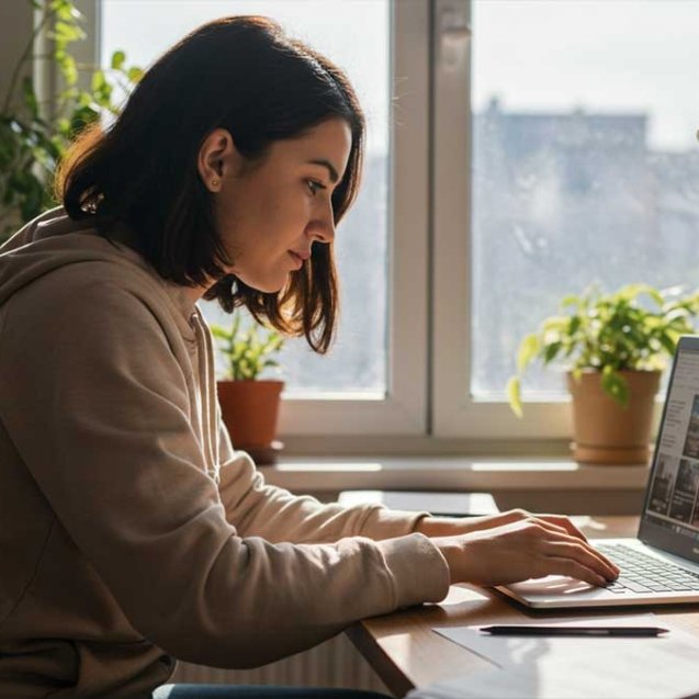 Estudante escolhendo curso EAD confiável no laptop, destaque da revista Curso EAD Studio em 2025.